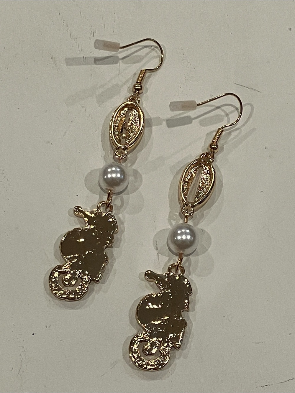 Gold Seahorse Drop Earrings with Pearl Accent - Picture 6 of 6